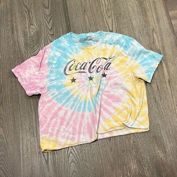 Coca Cola Tee Shirt Short Sleeves Cropped Spell Out Crew Tie Dye Pink Blue Large - Picture 1 of 3